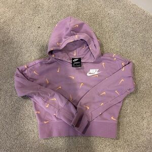 Nike Girls’ Purple/Pink Cropped Hoodie with Orange Swooshes, Size M